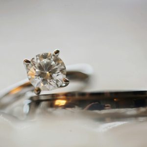 Elegant macro shot of a diamond engagement ring set with a blurred background.